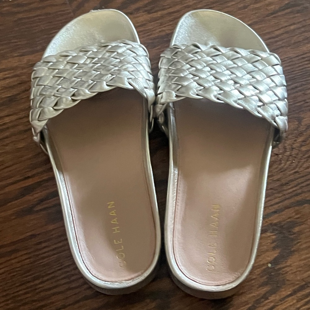 Cole Haan Woven Metallic Slide Sandals - Champagne Gold